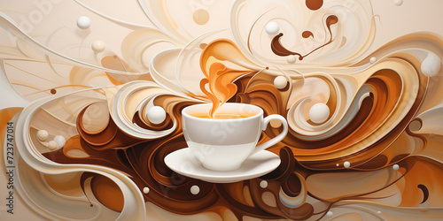 Coffee 3D abstraction, a cup of coffee against a background of volumetric waves and lines