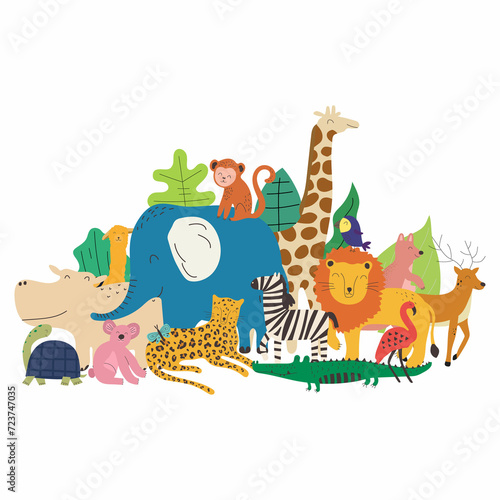 Big collection with hand drawn colorful animals. Cute kids style template for game and education. Flat design illustration