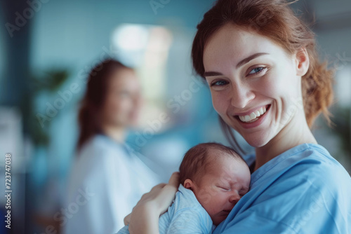 Obstetrician smile woman holding newborn baby in clinic