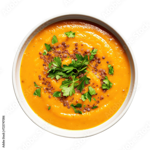 Spiced carrot lentil soup in a bowl on transparent background Remove png, Clipping Path