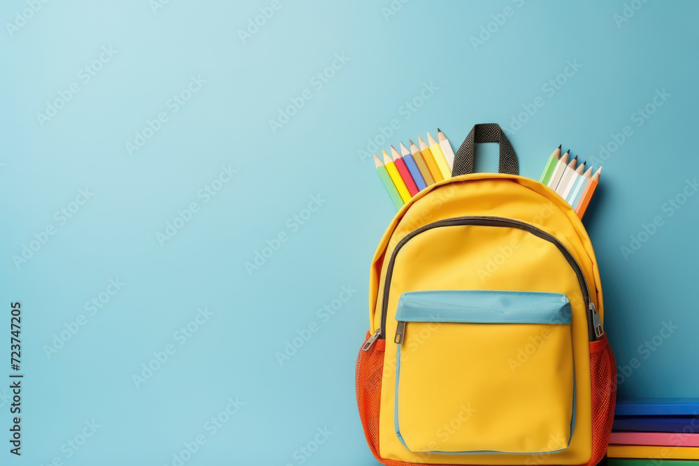 Back to school concept yellow backpack and colored crayons on light blue background Generative ai Back to school concept yellow backpack and colored crayons on light blue background Generative ai