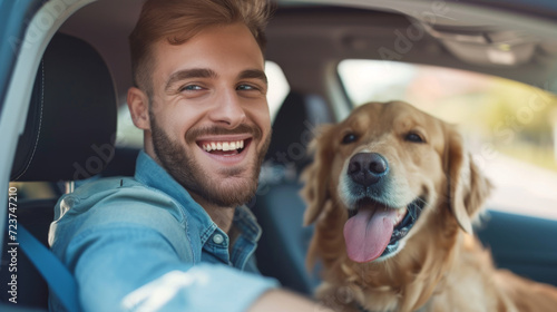 moment of joy as a young man with a bright smile is seated in a car, with a golden retriever beside him