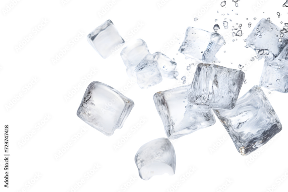 Falling ice cubes isolated on white background. Generative AI. Falling ice cubes isolated on white background. Generative AI.