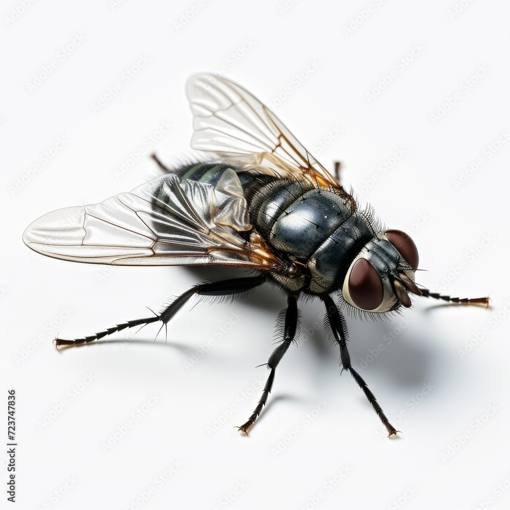 Close-up of a housefly on a white background, showcasing intricate details and natural colors. Close-up of a housefly on a white background, showcasing intricate details and natural colors.