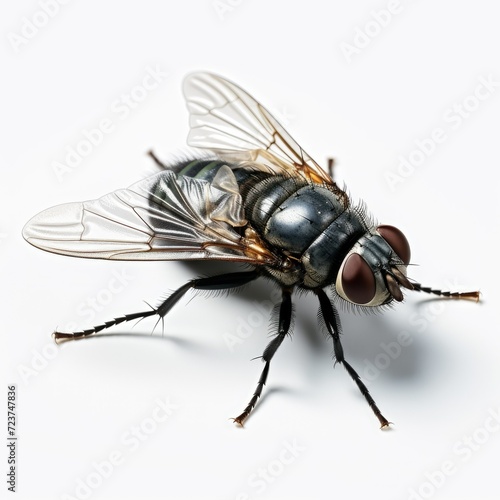 Close-up of a housefly on a white background, showcasing intricate details and natural colors.