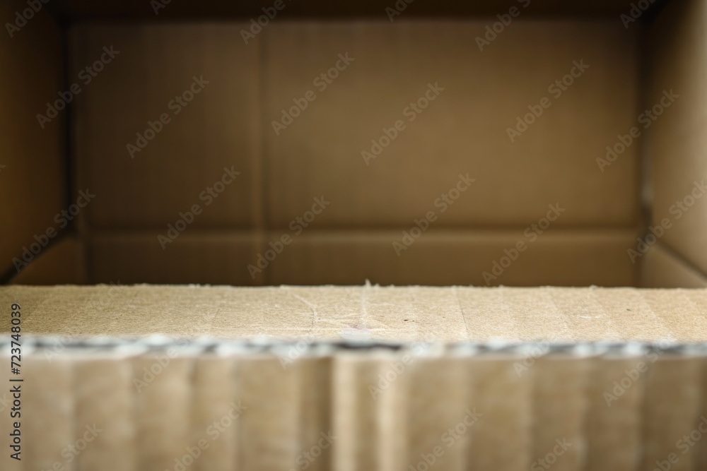 Banner with copy space and a close-up view of the interior of an empty cardboard box, highlighting the corrugated texture, ideal for an eco-friendly packaging mockup backdrop.