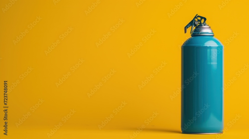 Banner with copy space and a single blue aerosol can against a yellow background, symbolizing issues of waste and recycling in consumer products. Banner with copy space and a single blue aerosol can against a yellow background, symbolizing issues of waste and recycling in consumer products.