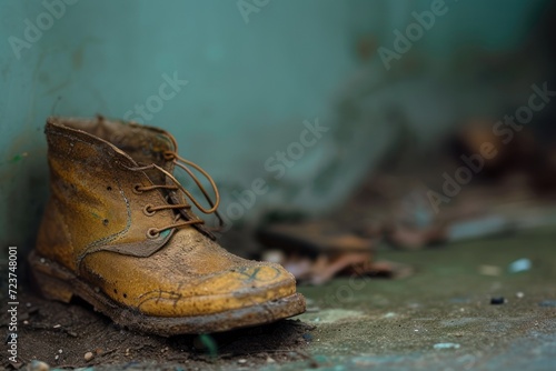 Background with a worn-out shoe in the lower left corner on a textured backdrop, hinting at themes of waste, abandonment, and the need for material repurposing.