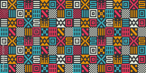 Seamless vector ethnic pattern on black. Bright tribal indian Navajo fabric print. Retro web page fill Aztec seamless native folk wrapping paper texture. Abstract 70s 80s art sacral grid background