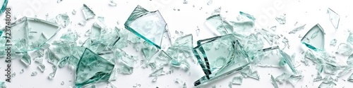 A wide panorama of shattered glass pieces scattered across a white surface, ideal as a dramatic banner backdrop for recycling or safety campaigns. photo