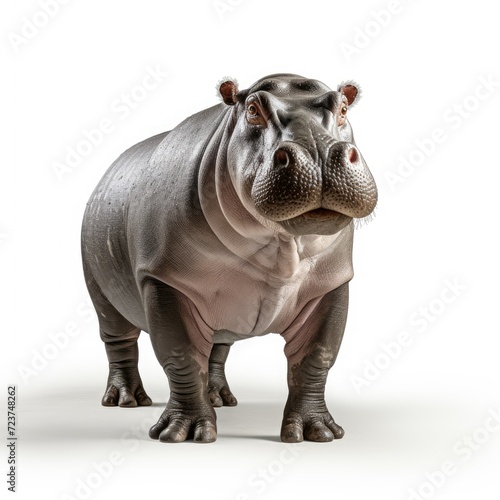 A hippopotamus standing isolated on a white background.