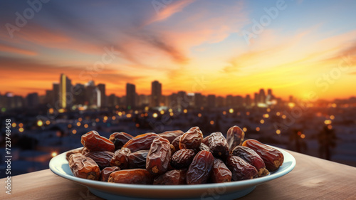 A plate of glossy dried dates presented against the blurred lights of a cityscape at night.