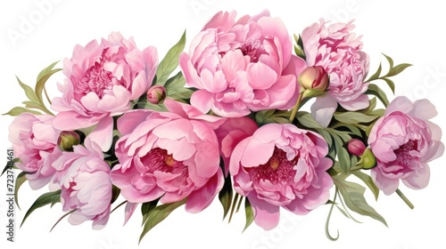 A bouquet of pink peonies in a vase on a white background. Congratulations on Mother's Day, Valentine's Day, Women's Day. Romantic background and greeting card.