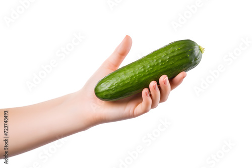 Female hand holding cucumber isolated on white background. Generative AI.