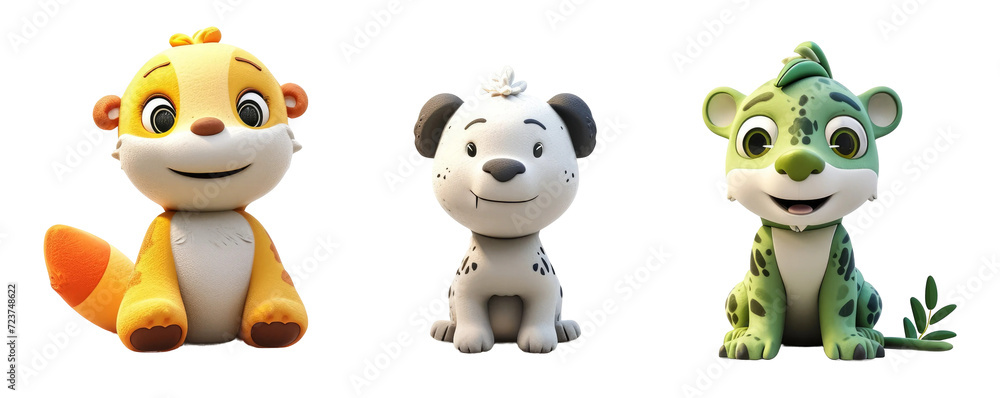 cutout set of 3 cartoon animal toys characters isolated on white png background - Generative AI