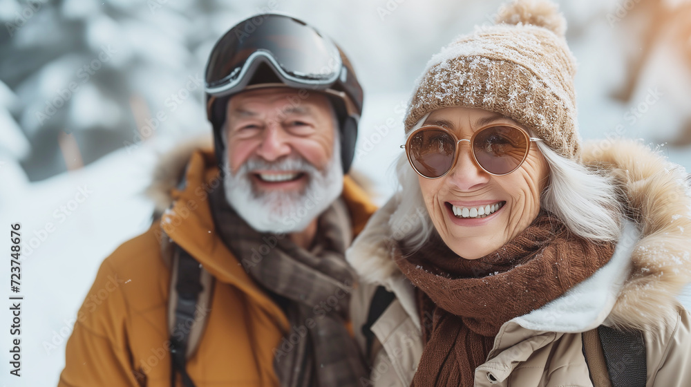 Fototapeta premium Joyful seniors skiing together in a winter resort