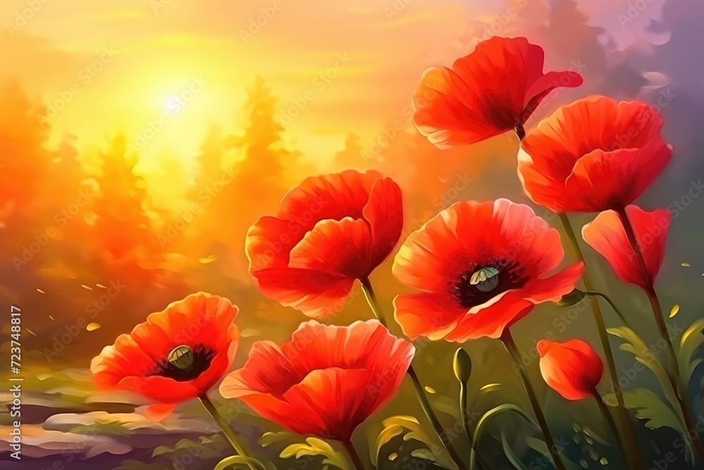 Obraz premium Impressionistic Red Poppies Blooming at Golden Sunrise in Meadow Generative AI