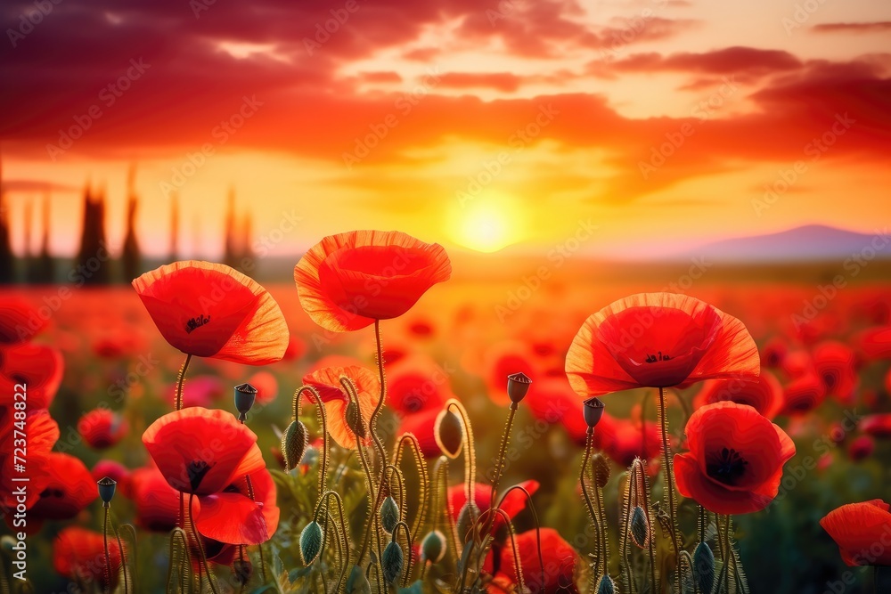 Obraz premium Impressionistic Red Poppies Blooming at Golden Sunrise in Meadow Generative AI