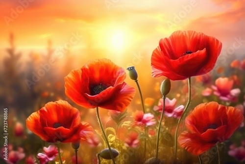 Impressionistic Red Poppies Blooming at Golden Sunrise in Meadow Generative AI