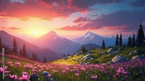 Idyllic Summer Mountain Meadow Aglow with Sunset and Wildflowers Generative AI © Gelpi