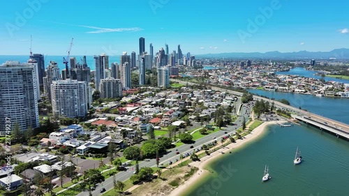 Gold Coast, Australia: Aerial view skyscraper skyline of famous resort city on east coast of Queensland, Southport Broadwater photo