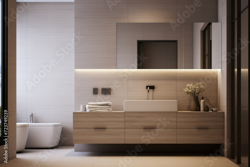 Beige color minimal design luxury decorated bathroom interior