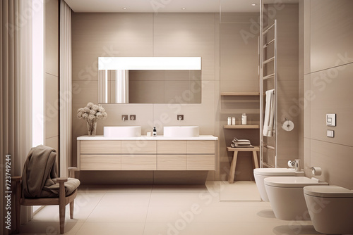 Beige color minimal design luxury decorated bathroom interior