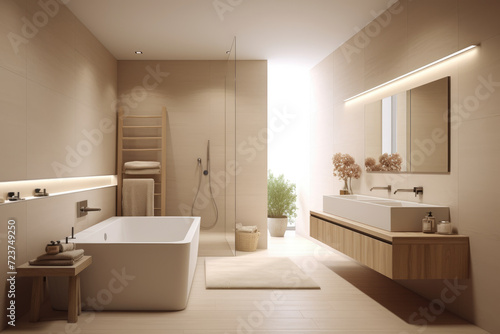 Beige color minimal design luxury decorated bathroom interior