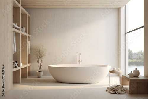 Beige color minimal design luxury decorated bathroom interior