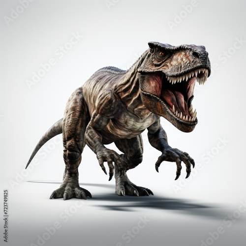 Fierce Tyrannosaurus Rex dinosaur roaring on a plain white background, full-body view.