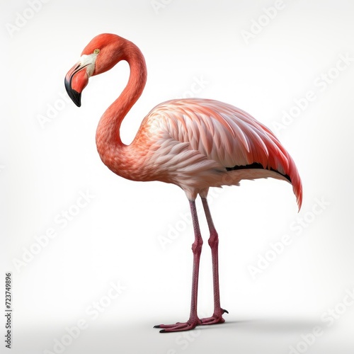 Elegant flamingo standing isolated on white background, with detailed feathers and vibrant pink color.