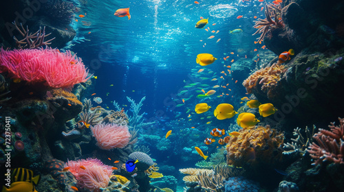 An underwater scene with coral reefs and marine life, creating a colorful and immersive background for a marine-themed website