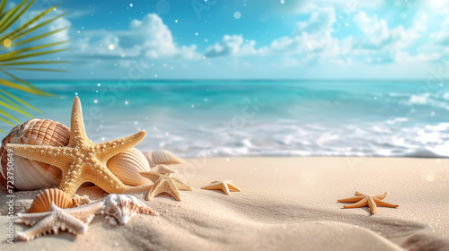 Summer vacation banner  starfish on the beach on a water-sea background on a sunny day