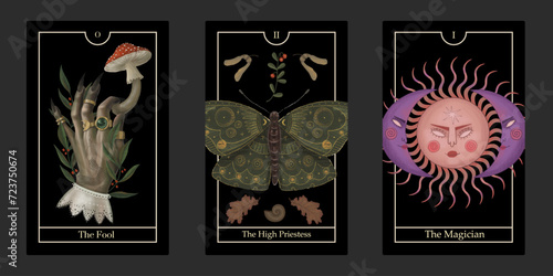 vintage vintage style deck of tarot cards. magical predictions of the future, mysterious characters.	
