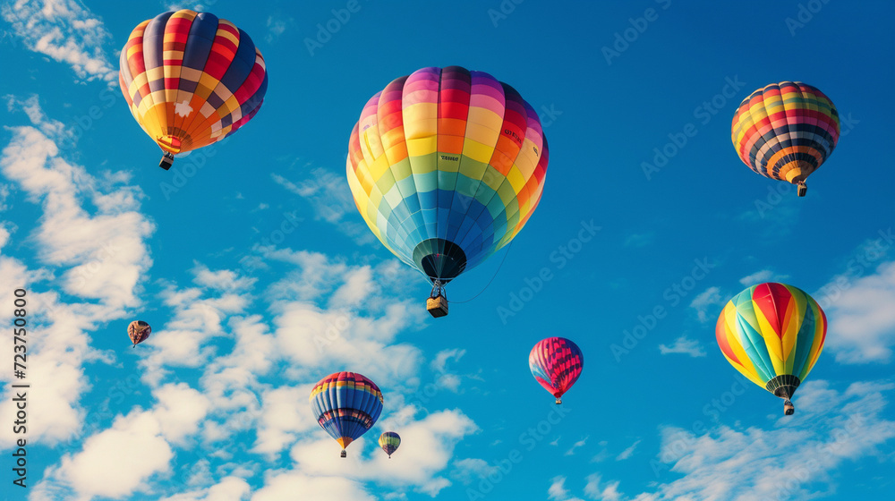 Naklejka premium A collage of colorful hot air balloons against a blue sky, adding a sense of joy and vibrancy to your website background