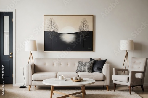 Beautiful living room interior with armchairs  lamp  and beautiful painting on the wall in a retro style.