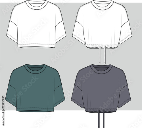 Women oversize Crop tee shirt fashion flat sketch template. Girls Technical Fashion Illustration. Cropped top set. Mockup template. womens short sleeve drawing