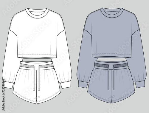 WOMEN GIRL WEAR TEE AND SHORT SET FASHION FLAT DESIGN VECTOR. long sleeve sweatshirt top and elastic waist shorts pant with drawstring  set technical drawing, home wear, sleepwear. 