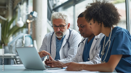 Focused group of medical professionals, including three doctors and nurses, gathered around a laptop, discussing or reviewing something of importance.