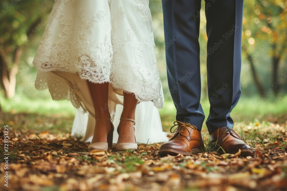 Wedding Couple's Feet with Fall Leaves