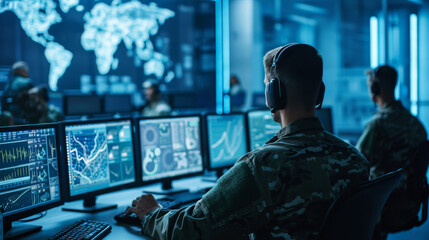 military personnel is focused on monitoring multiple computer screens in a high-tech surveillance room with global maps and data on the screens