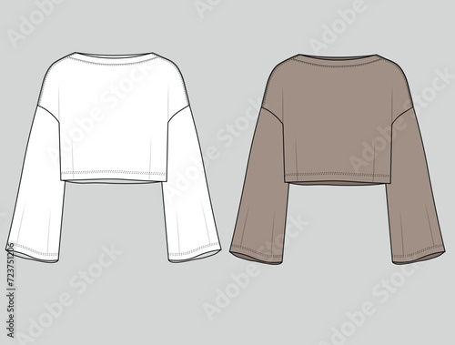 Vector long sleeved oversized top fashion CAD, woman boxy shape round neck with bell sleeves sweatshirt technical drawing, template, mock up, flat. sweatshirt drawing.