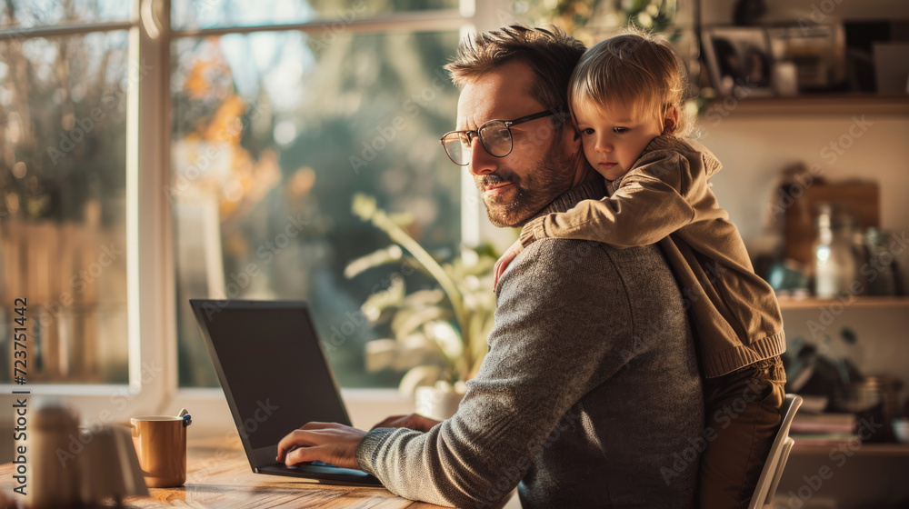 Father working from home with his child near his shoulder Father working from home with his child near his shoulder