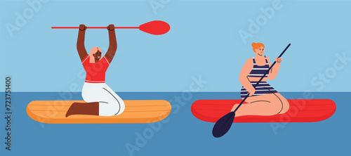 Two diverse females in swimsuits enjoying paddle boarding on sup boards. Hand drawn vector illustration, isolated on blue lake background
