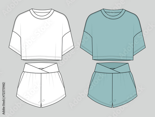 WOMEN WEAR TEE AND SHORT PAJAMA SET FASHION FLAT DESIGN VECTOR. Women girl oversize Crop tee shirt and high elastic waist shorts pant with drawstring  set technical drawing, home wear.