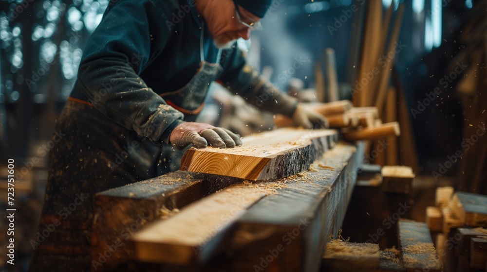 Sawman at work wearing safety equipment protective gloves hardhat helmet and glasses at working with timber plank background Sawman at work wearing safety equipment protective gloves hardhat helmet and glasses at working with timber plank background