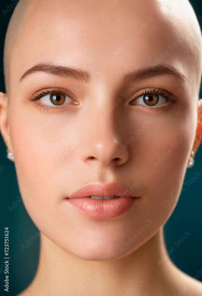 Obraz premium Portrait of a beautiful bald young woman in close-up with clean fresh skin