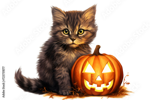 Illustration technique halloween lamp pumpkin domestic cat isolated on white background. Generative AI. © irfan
