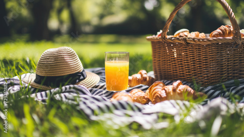 Picnic setup with a straw hat, a glass of orange juice, and fresh croissants on a blanket next to a wicker basket in a grassy park. photo