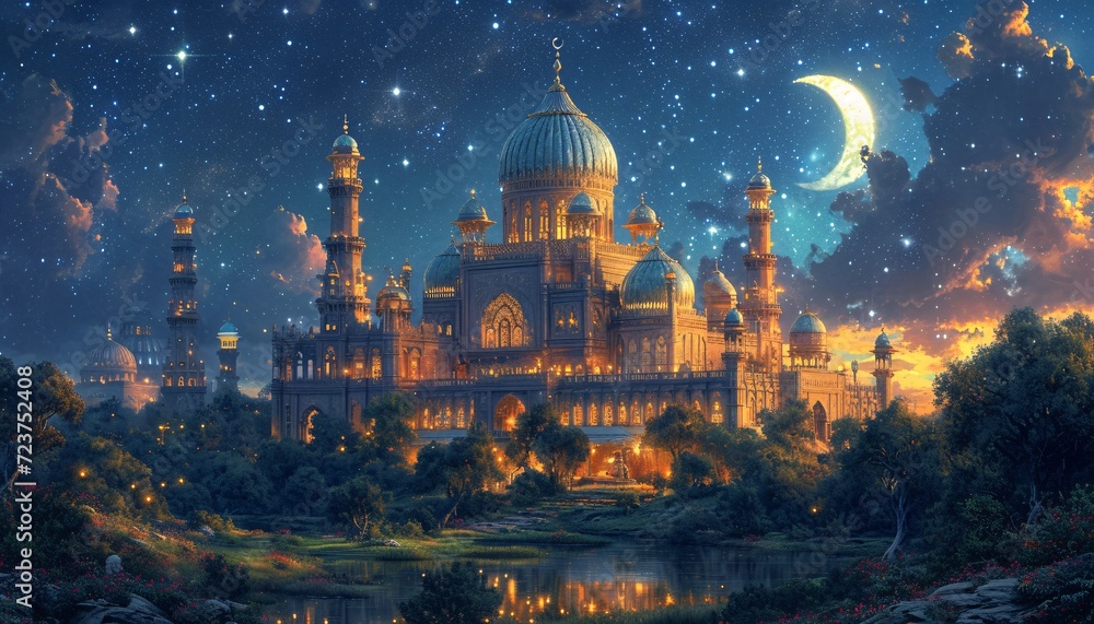 Glowing Night Sky Over the Grand Mosque: A Stunning View of the Monthly Full Moon Generative AI